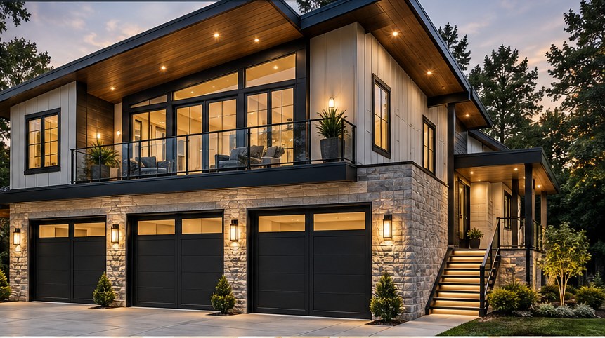Modern home addition with balcony, warm lit windows and stone base at dusk
