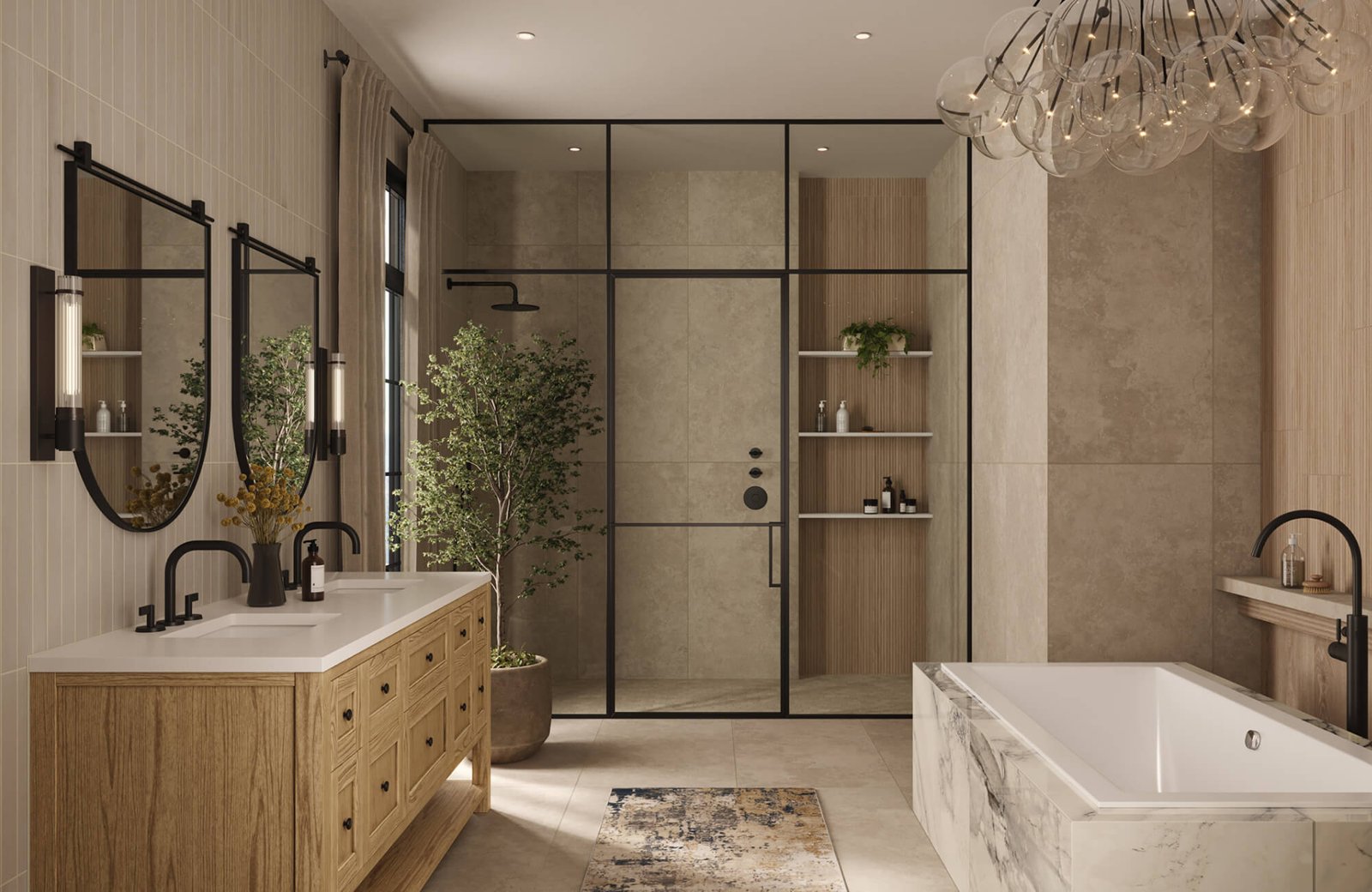 Spa bathroom with oak double vanity, black-framed glass shower, freestanding tub and bubble chandelier