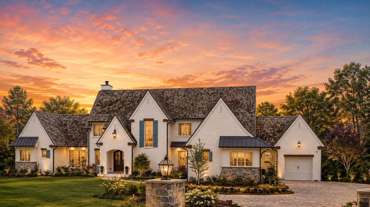 White brick custom home with cedar shake roof and stone entry at sunset