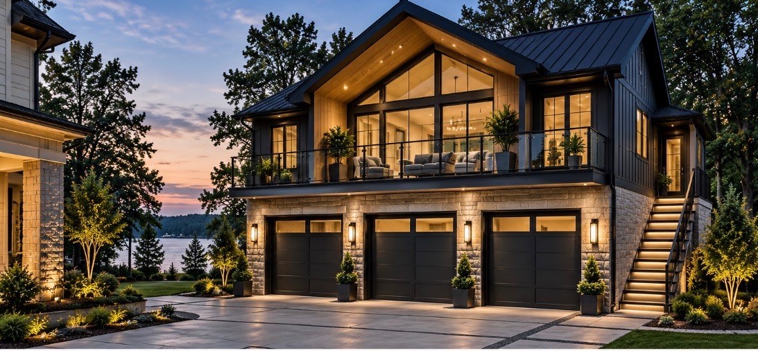 Custom three-car garage with luxury living quarters above at dusk, lake view