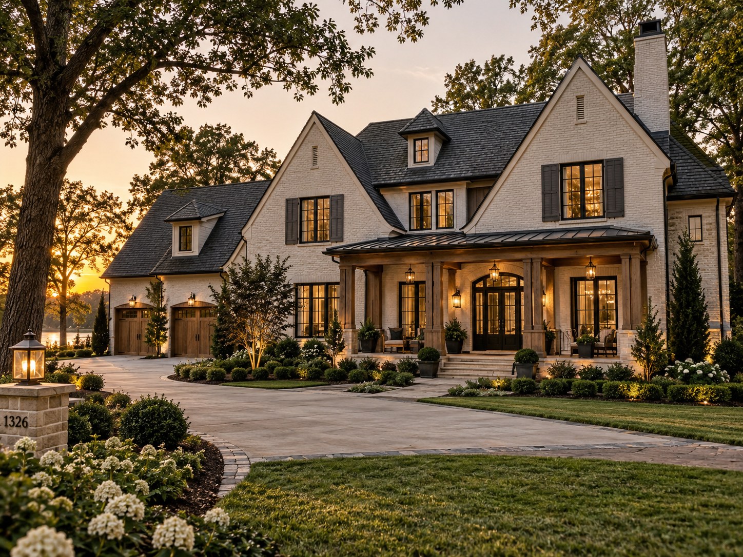 Custom brick home with a covered porch and lake view at sunset