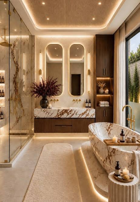 Spa bathroom with book-matched marble, freestanding tub, twin arched mirrors and brass fixtures
