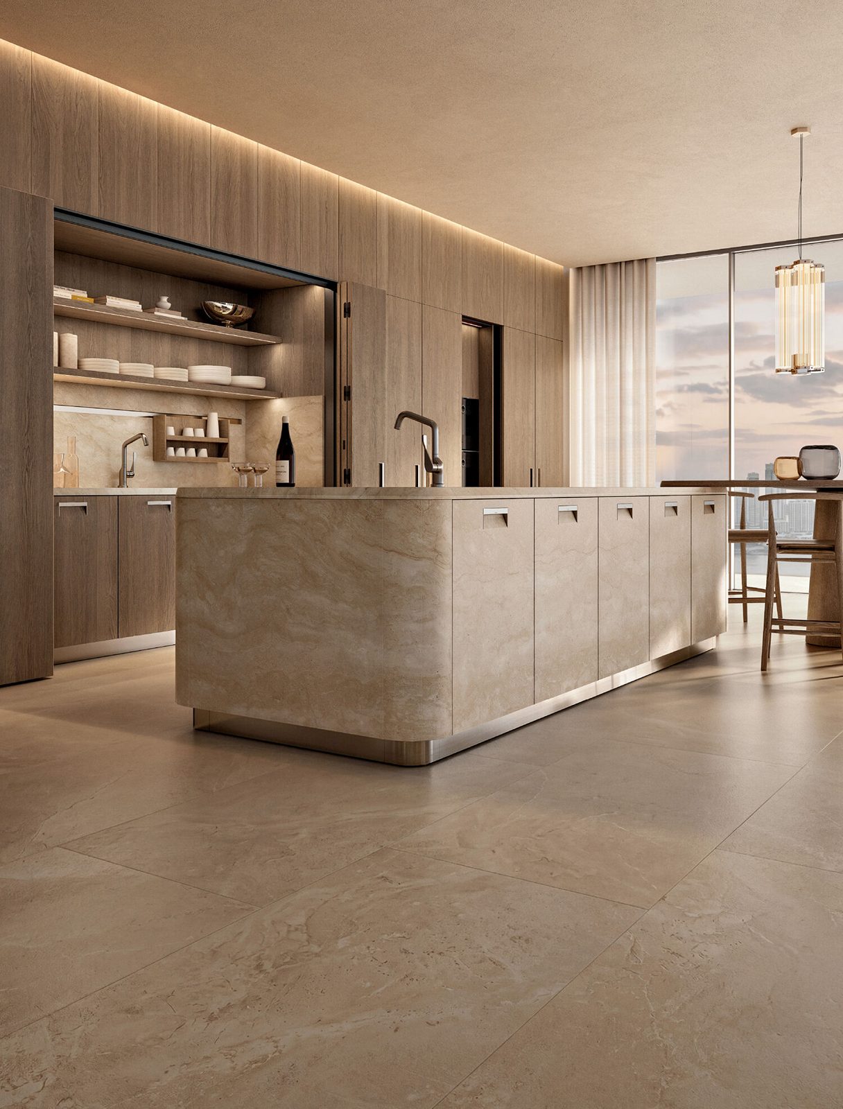 Warm modern kitchen with travertine waterfall island, oak cabinetry and city view